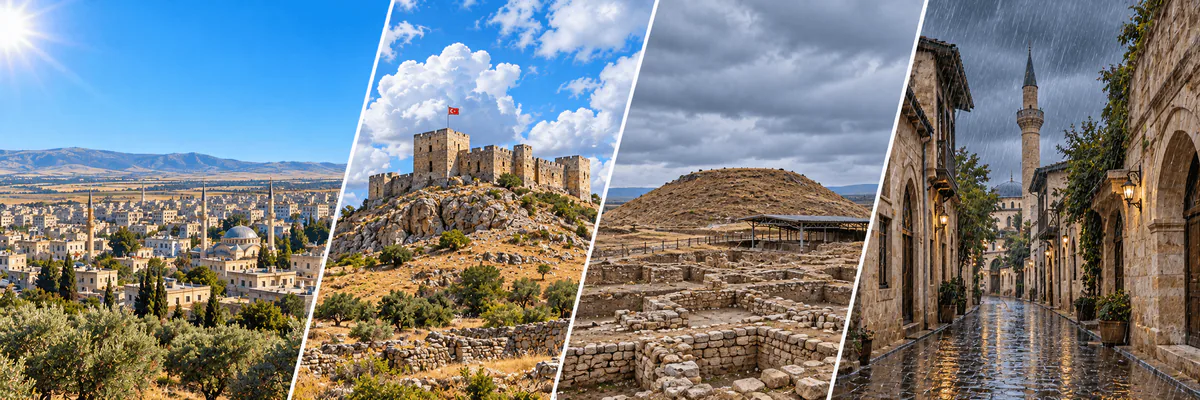 Kilis manzaraları güneşli, parçalı bulutlu, bulutlu ve yağmurlu havada